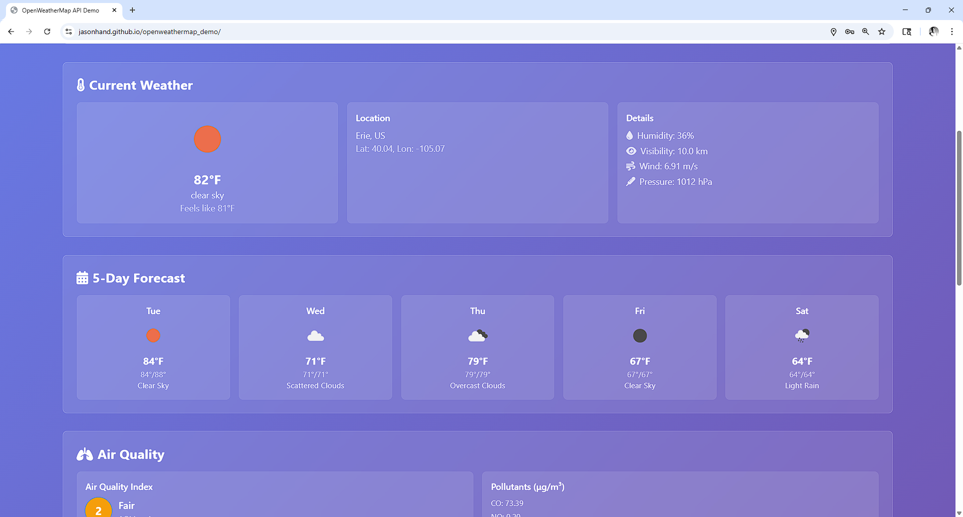 Screenshot of OpenWeatherMap