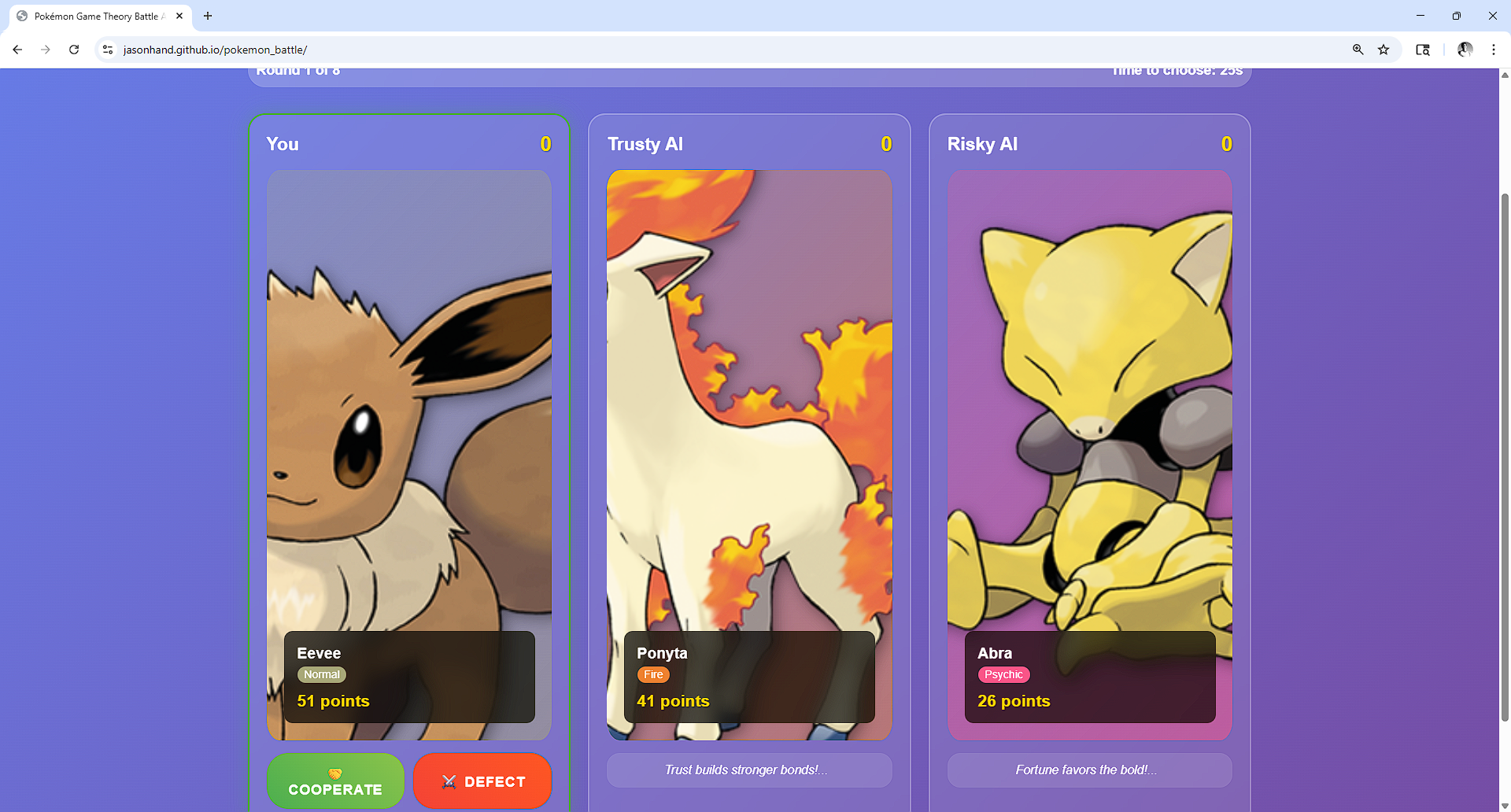 Screenshot of Pokémon Game Theory Battle Arena