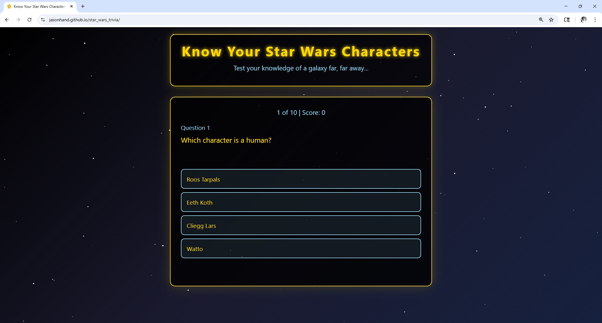 Screenshot of Star Wars Character Trivia Game