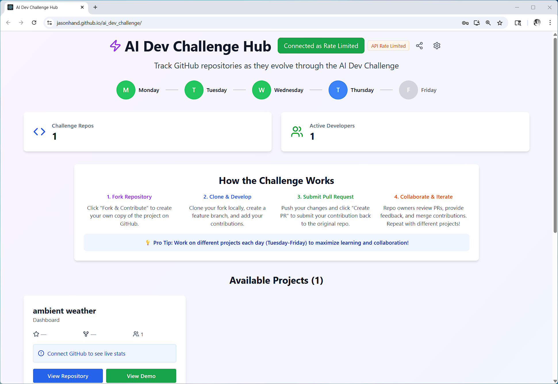 Screenshot of AI Dev Challenge Hub