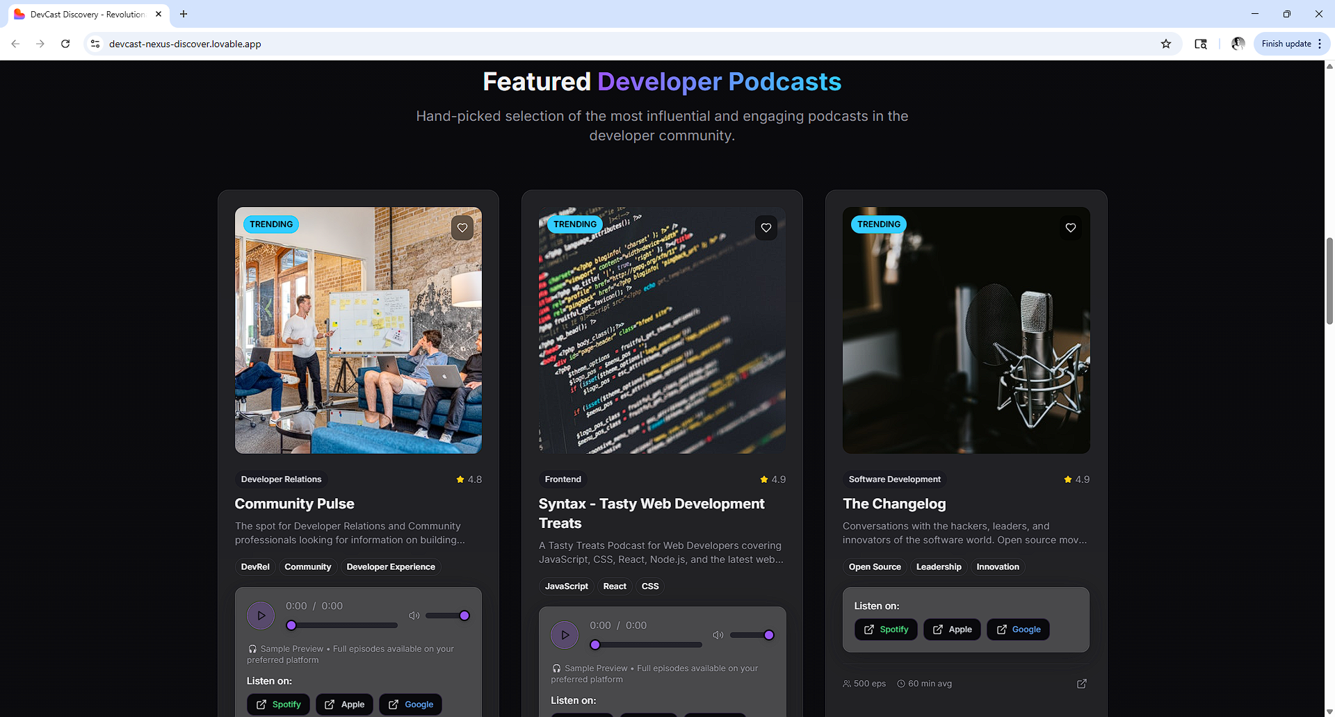 Screenshot of DevCast Nexus Discover