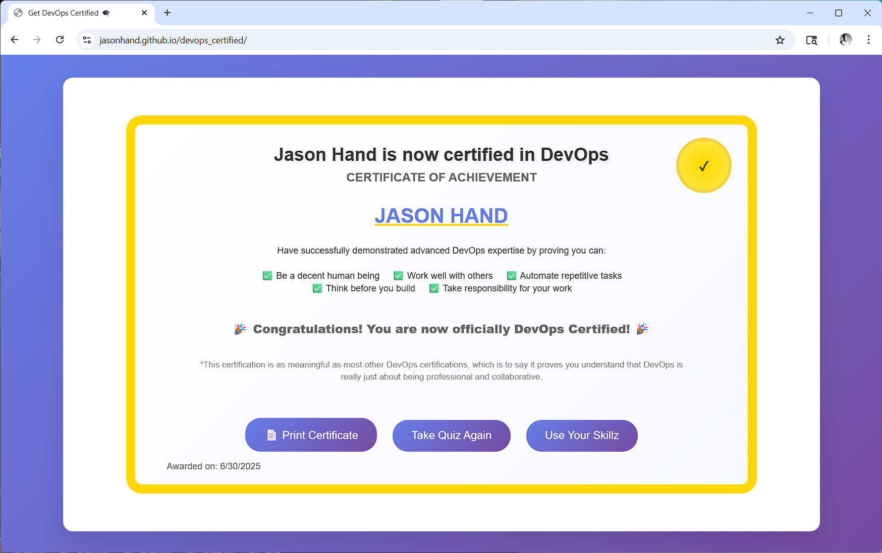 Screenshot of DevOps Certified