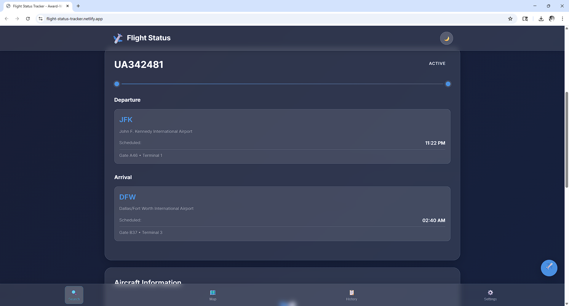 Screenshot of Flight Status Tracker