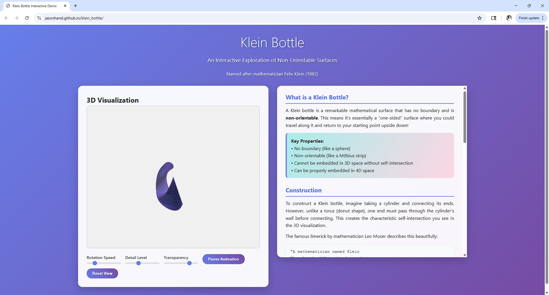 Screenshot of Klein Bottle Visualizer