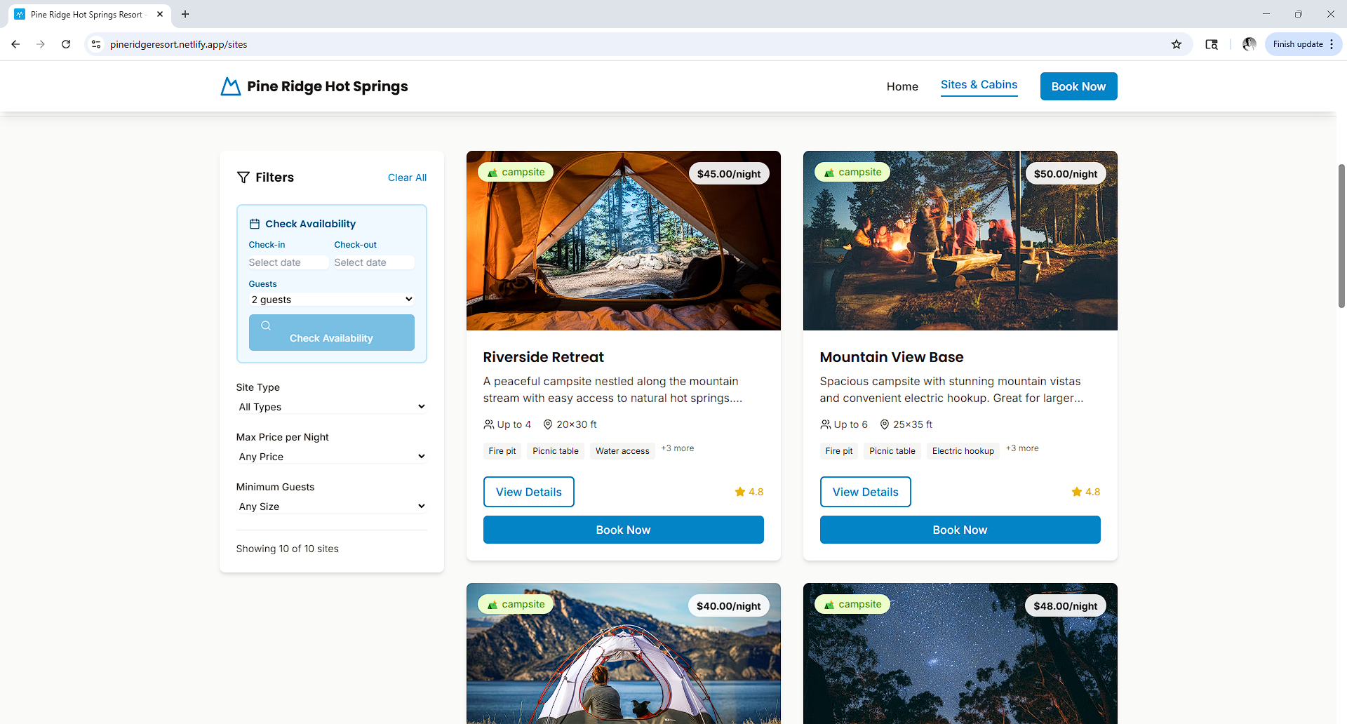 Screenshot of Pine Ridge Resort Reservation System